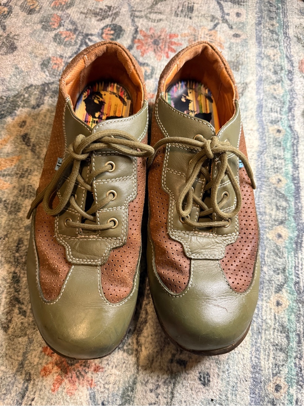 John Fluevog Vintage Men's Olive Green and Brown Ezekial Shoes - Size 12.5